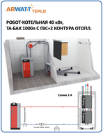 Робот-котельная 040 кВт, бункер пеллет 1 год, круглый год без участия человека, схема 014 ГВС=да, ТА=да, контуров=2-18 [ARWATT-TPK-P5-040-014-010]